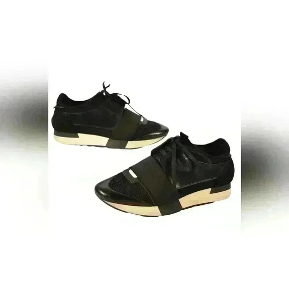 Balenciaga Shoes - BALENCIAGA Black Leather Nylon Neoprene Race Runner  Sneaker 38EU 8US Italy